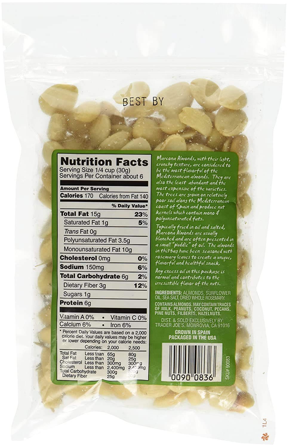 Trader Joe`s Roasted and Salted Marcona Almonds with Rosemary Net Wt. 6oz. (170g)