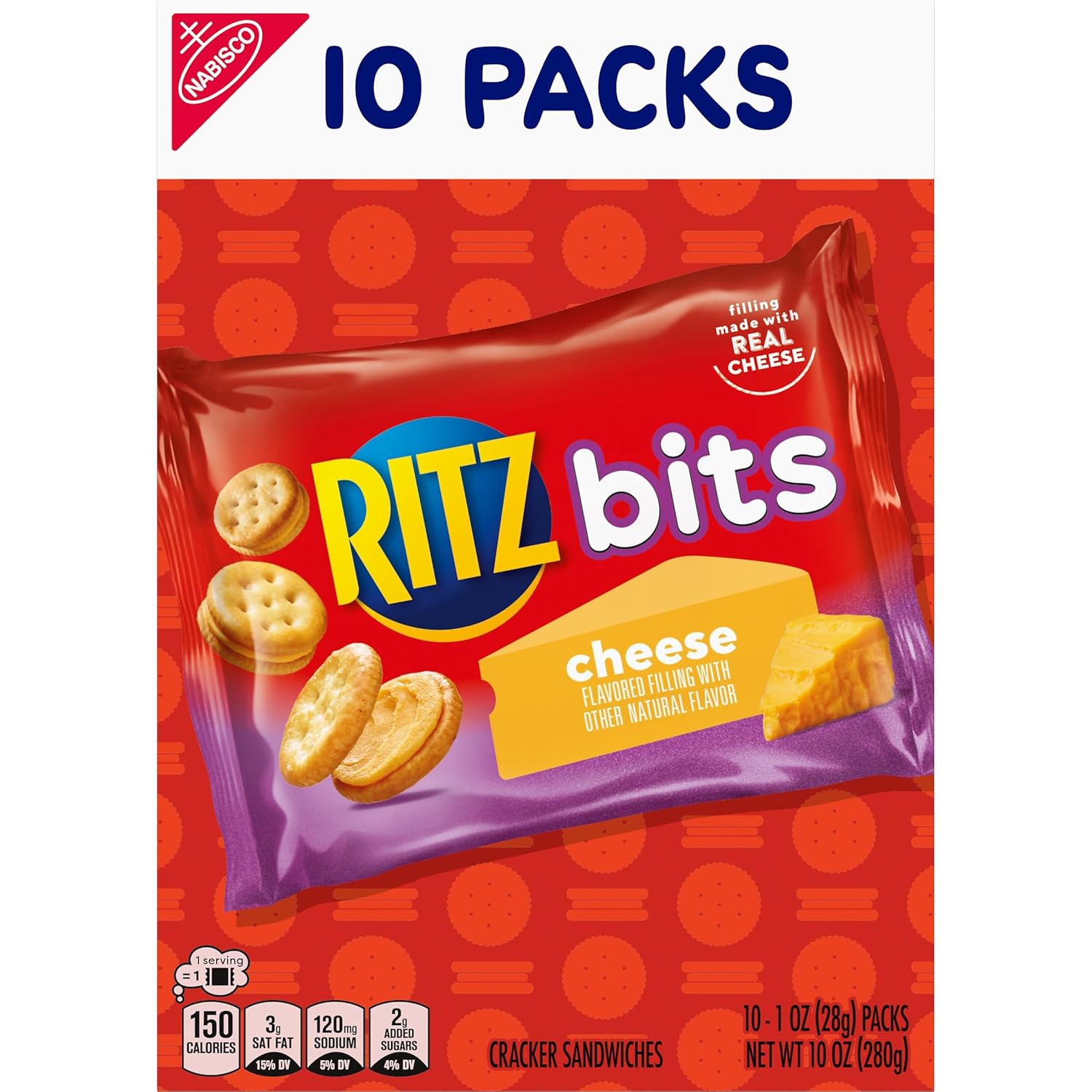 RITZ Bits Cheese Sandwich Crackers, Lunch Snacks, 10 Snack Packs