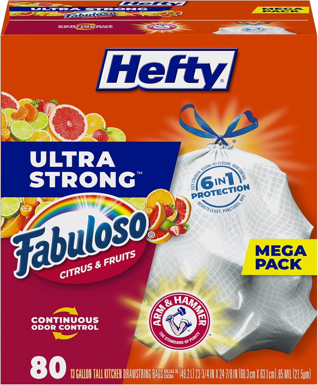 Hefty Ultra Strong 13 Gallon Trash Bags, Tall Kitchen Trash Bags 13 Gallon Size, White, Fabuloso Citrus & Fruits Scent, 80 Bags